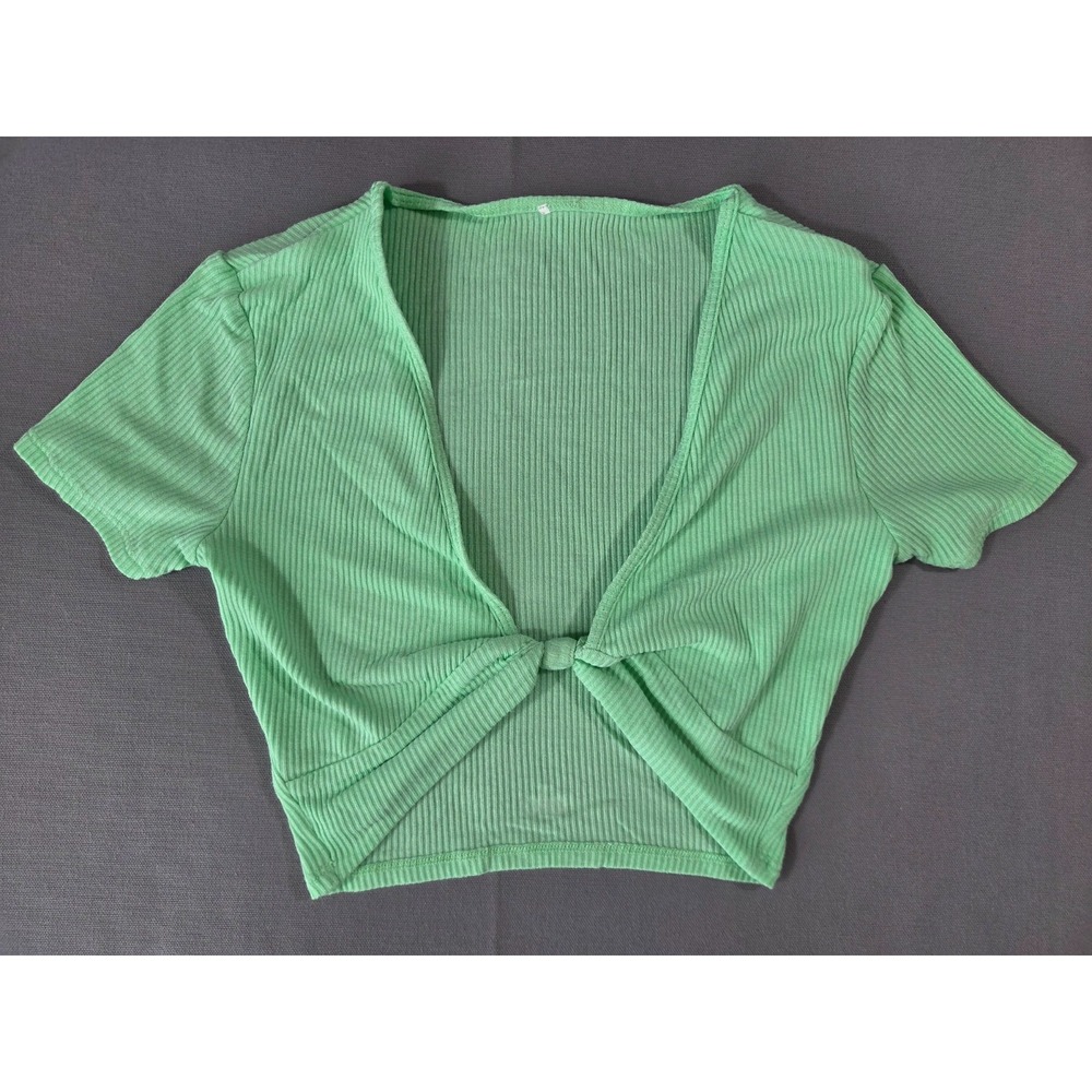 Alo Crop Top Womens Extra Small Green Yoga Ribbed Knotty Short Sleeve Shirt